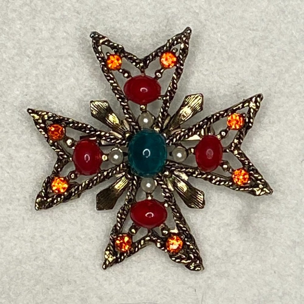 Vintage Maltese Cross Rhinestone and Pearl Pin Brooch